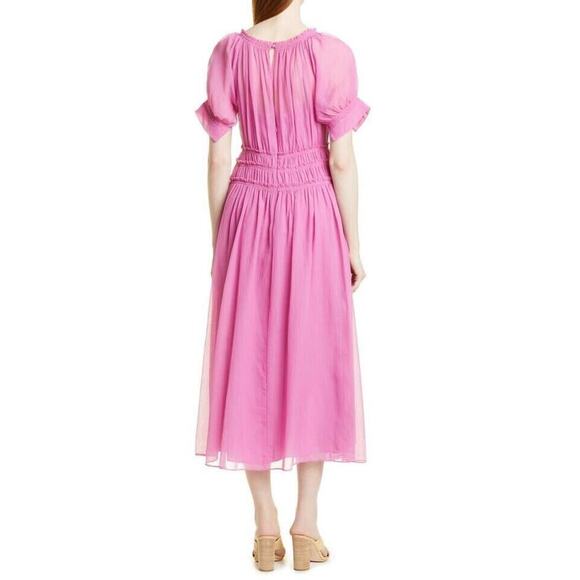 Rebecca Taylor NWOT Chiffon Short Sleeve Smock Waistline Midi Dress Pink Size 12 - Picture 5 of 6